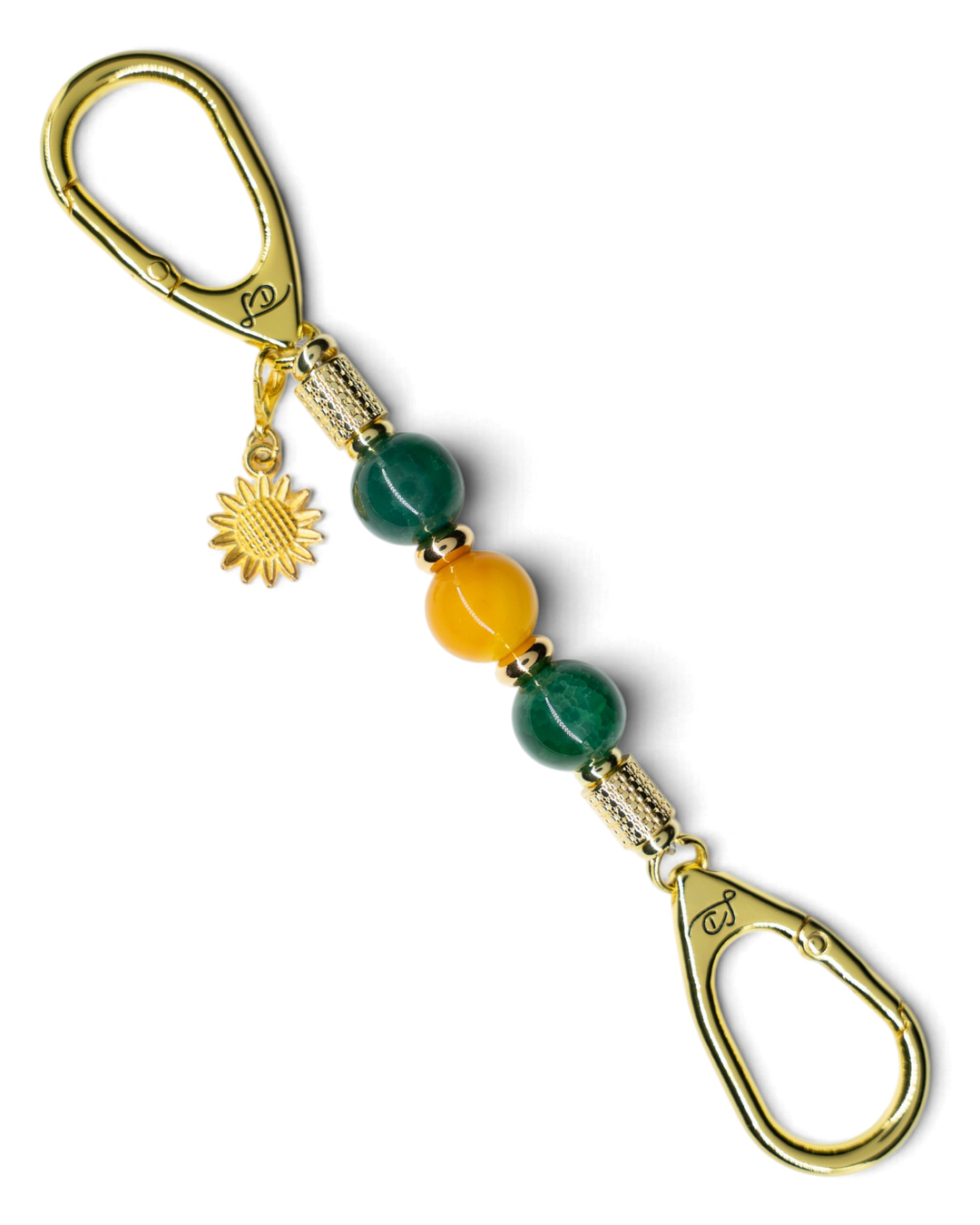 LD Keyfinder Golden Harvest-Mini featuring green and orange agate beads, gold-plated spacers, and a sunflower charm.