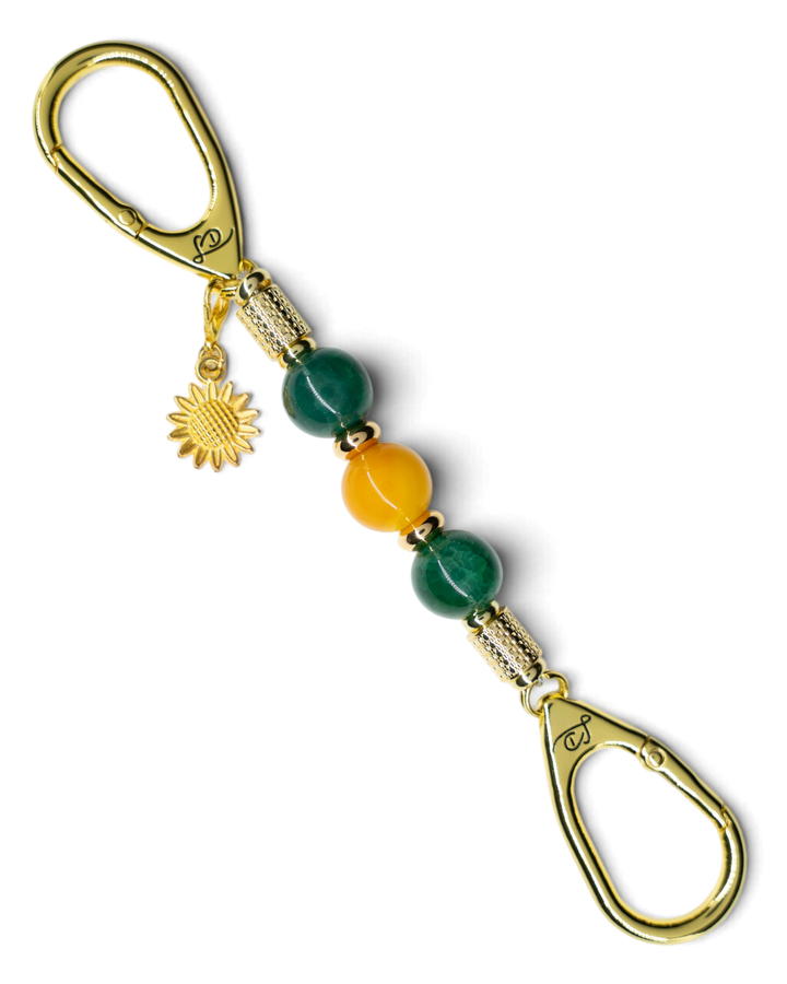 LD Keyfinder Golden Harvest-Mini featuring green and orange agate beads, gold-plated spacers, and a sunflower charm.