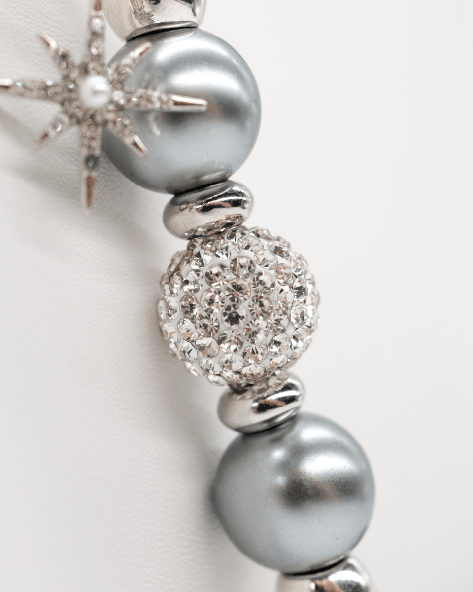 White Austrian crystal center bead & grey pearlized glass