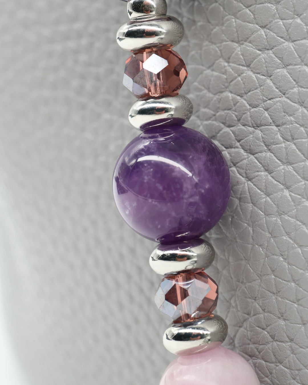 LD Keyfinder Amethyst Moon necklace with purple artisan glass bead, amethyst, kunzite, and pink beads with platinum accents.