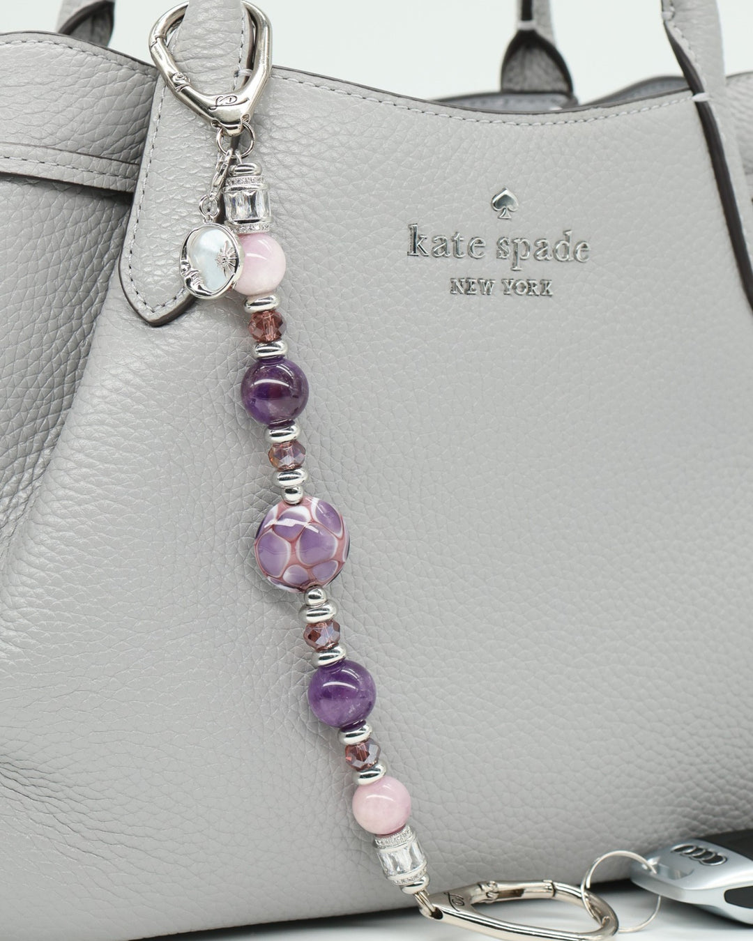 LD Keyfinder Amethyst Moon charm with amethyst, kunzite, glass beads, and moon & star charm.