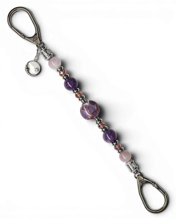 LD Keyfinder Amethyst Moon keychain with amethyst, kunzite, glass beads, and moon charm.