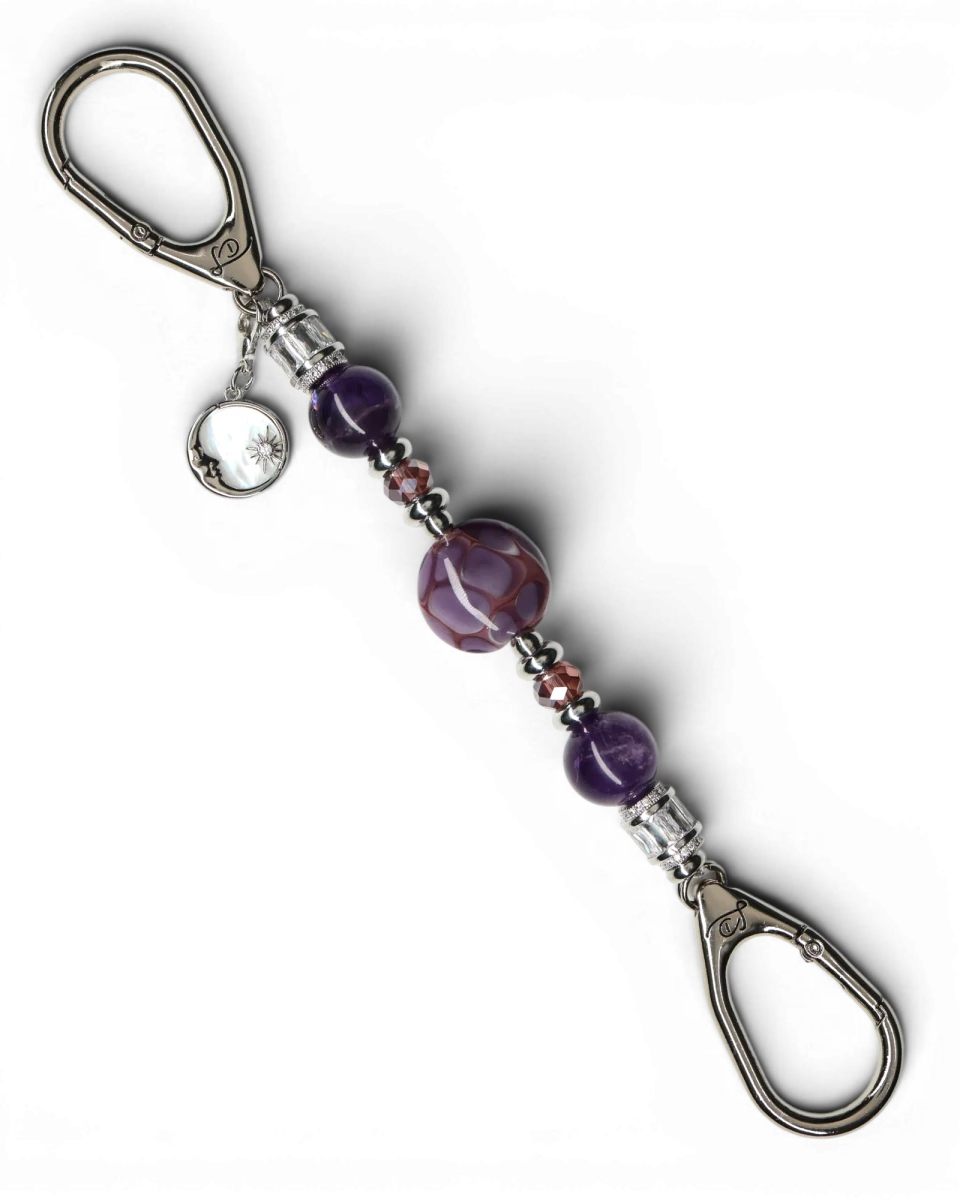 LD Keyfinder Petite Amethyst Moon keychain with amethyst, glass beads, and moon charm. Platinum-plated.