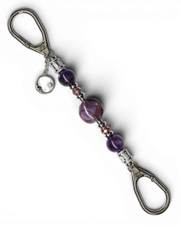 LD Keyfinder Petite Amethyst Moon keychain with amethyst, glass beads, and moon charm. Platinum-plated.