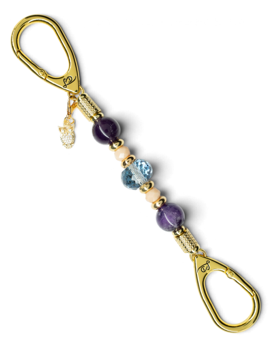 LD Keyfinder Whoo's There-Mini featuring amethyst, peach jade, and indigo crystal beads with a gold owl charm.