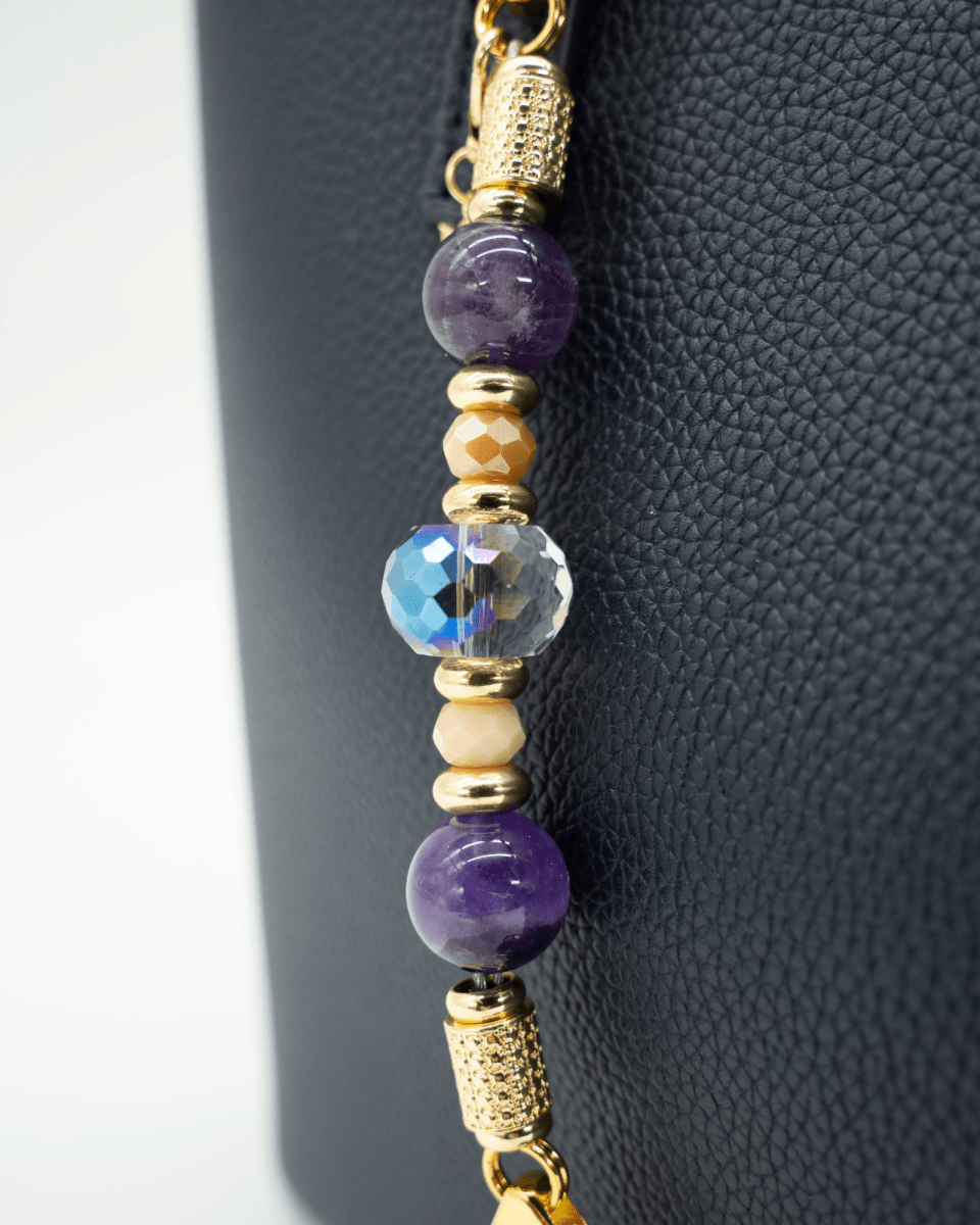 LD Keyfinder Whoo's There-Mini featuring amethyst, peach jade, and indigo crystal beads with 18KT gold-plated accents.