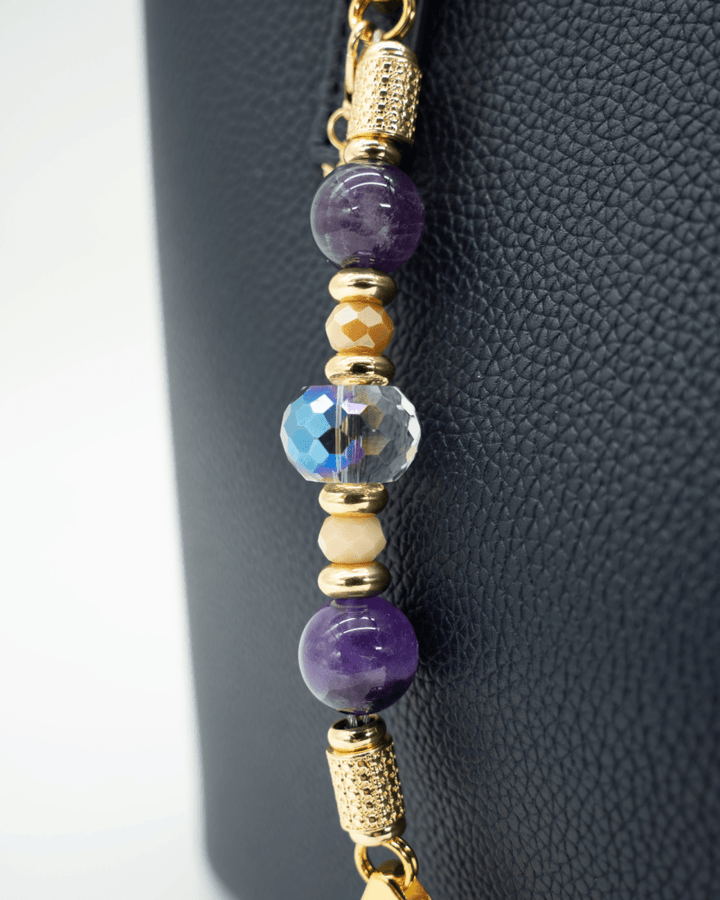 LD Keyfinder Whoo's There-Mini featuring amethyst, peach jade, and indigo crystal beads with 18KT gold-plated accents.