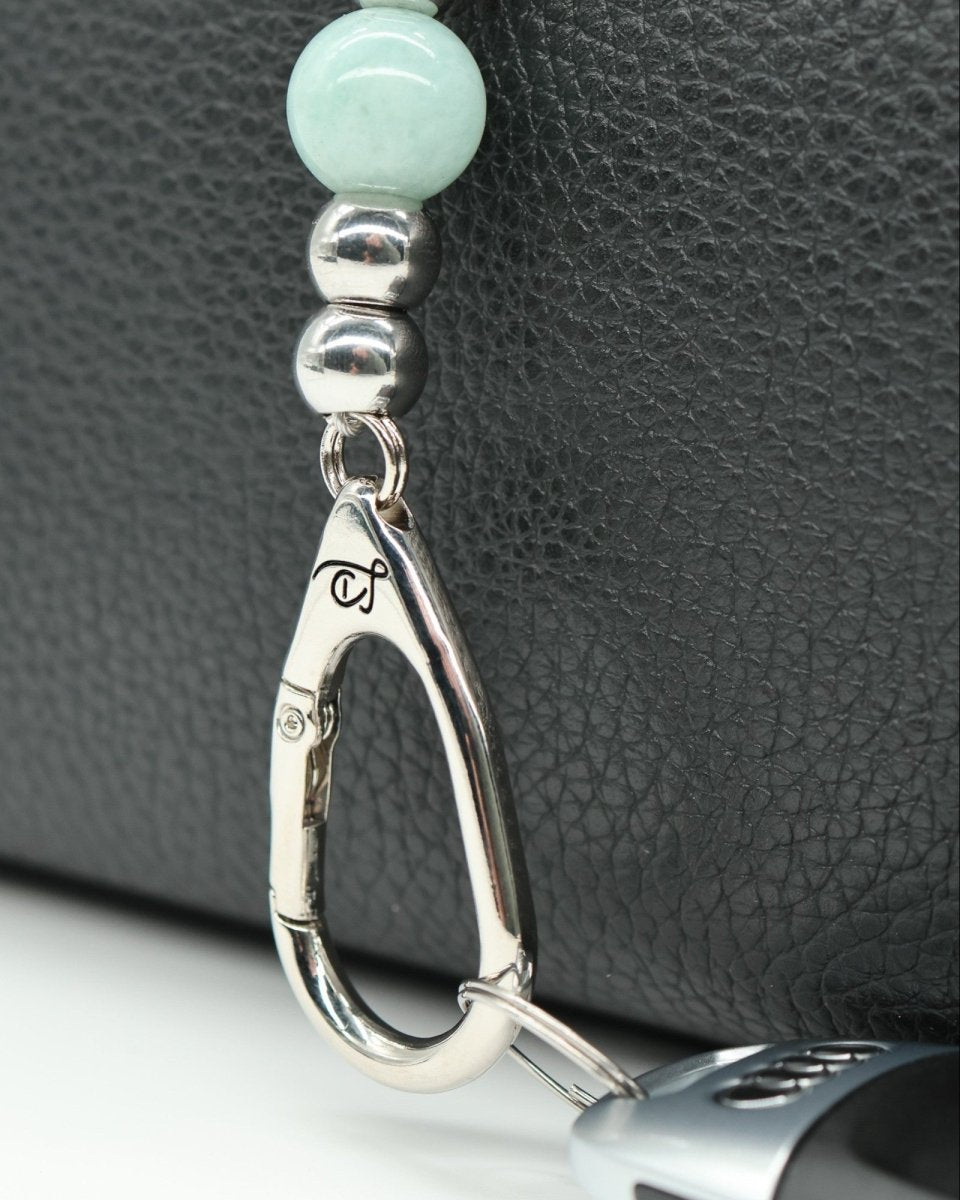 LD Keyfinder Beachside Bliss Mini featuring aqua Malaysian jade beads, Austrian crystal, and a silver flip flop charm.