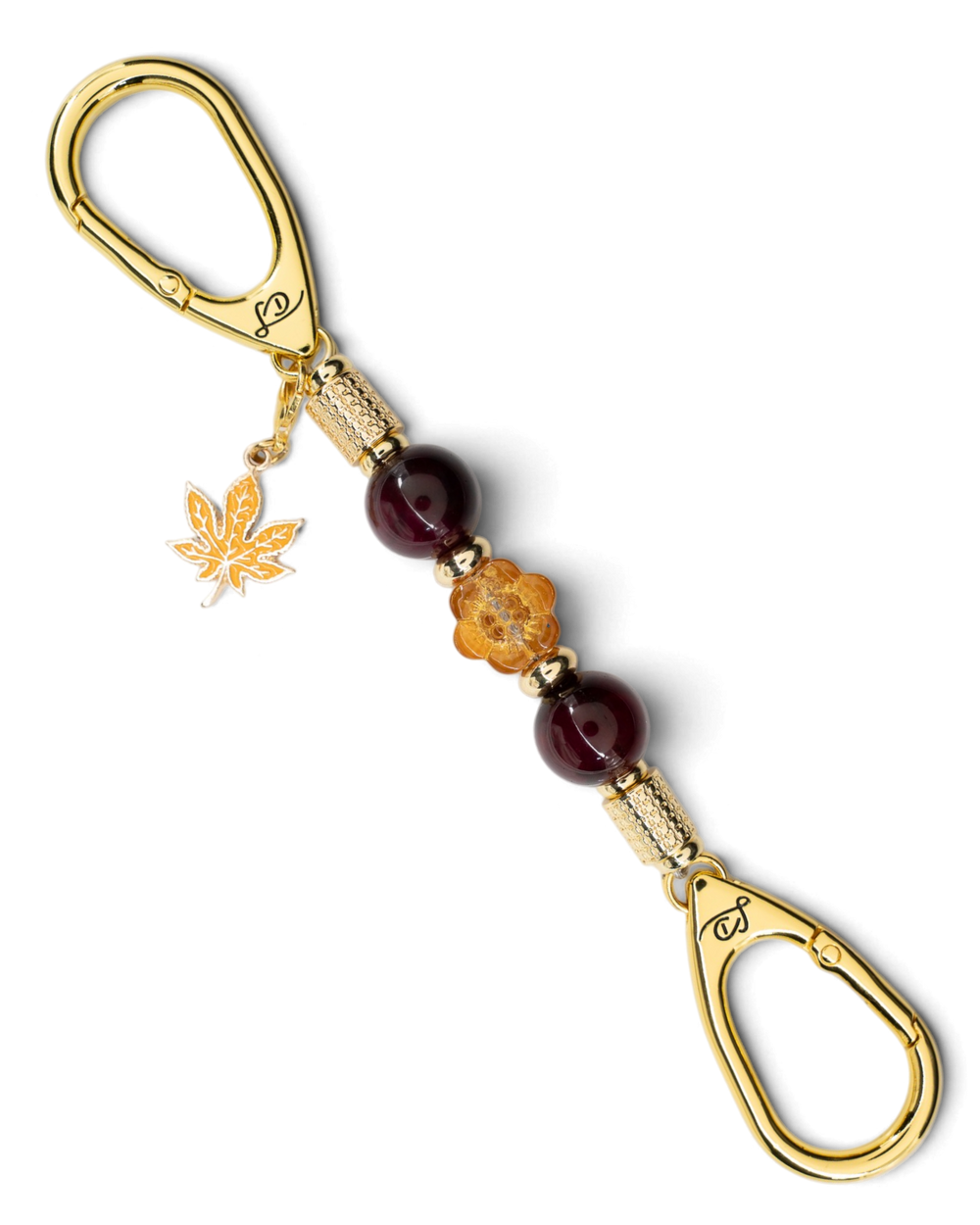 LD Keyfinder Hello Autumn-Mini featuring burgundy agate beads, a golden glass flower, and a gold maple leaf charm.