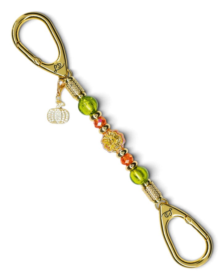 LD Keyfinder Autumn Festival-Mini featuring green foil beads, orange glass, gold flower, and a rhinestone pumpkin charm