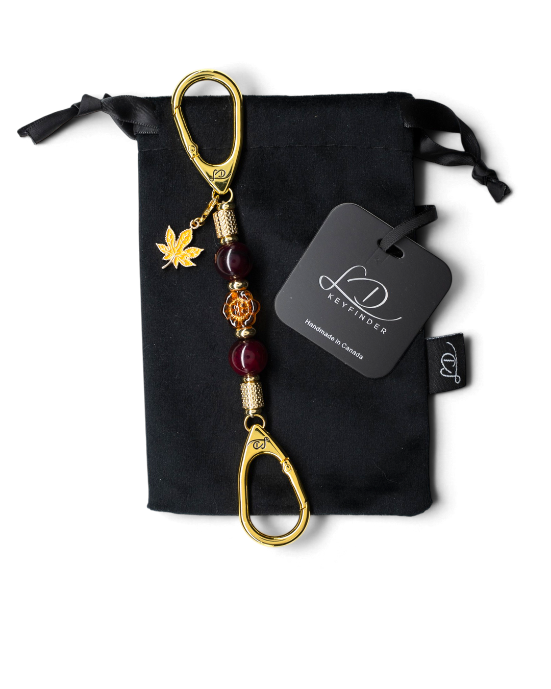 LD Keyfinder Hello Autumn-Mini keychain with burgundy agate beads, gold maple leaf charm, and glass flower bead.