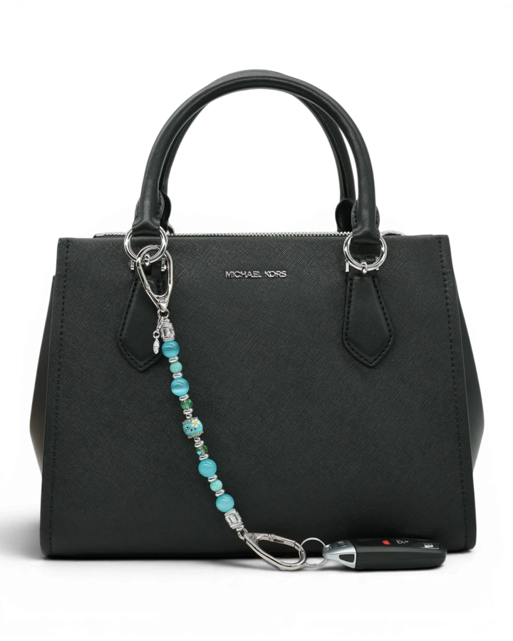 LD Keyfinder Azure Meadow keychain with aqua blue, green beads, and a handcrafted lampwork glass daisy bead.
