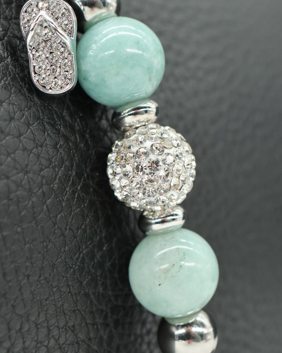LD Keyfinder Beachside Bliss Mini featuring aqua Malaysian jade beads, Austrian crystal, and a rhinestone flip flop