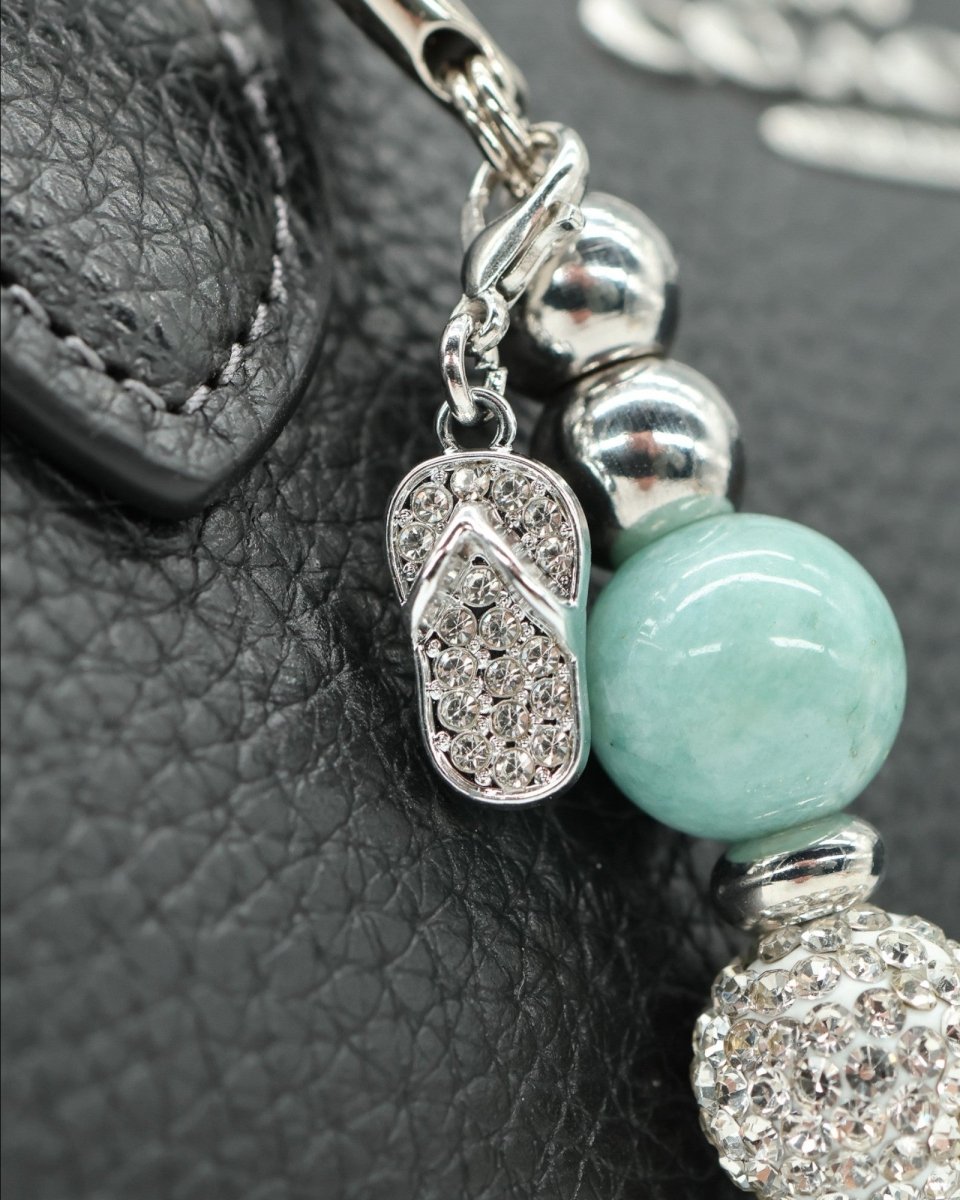 LD Keyfinder Beachside Bliss Mini featuring aqua Malaysian Jade beads, Austrian crystal, and a rhinestone flip flop charm