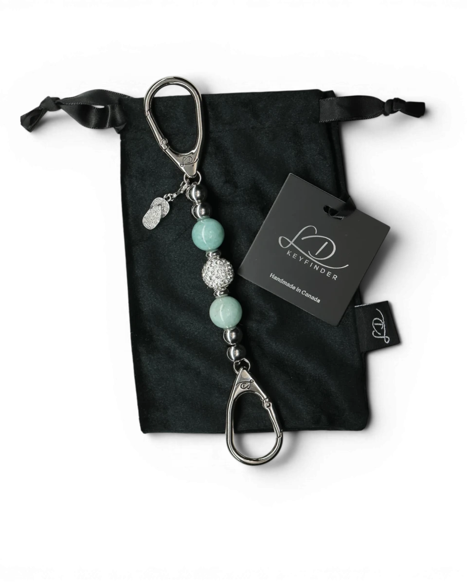 LD Keyfinder Beachside Bliss Mini featuring aqua Malaysian jade beads, Austrian crystal, and a flip flop charm.