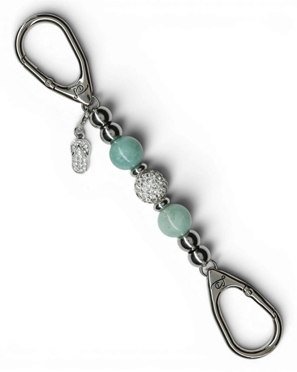LD Keyfinder Beachside Bliss Mini featuring aqua Malaysian Jade beads, a crystal center bead, and flip flop charm.