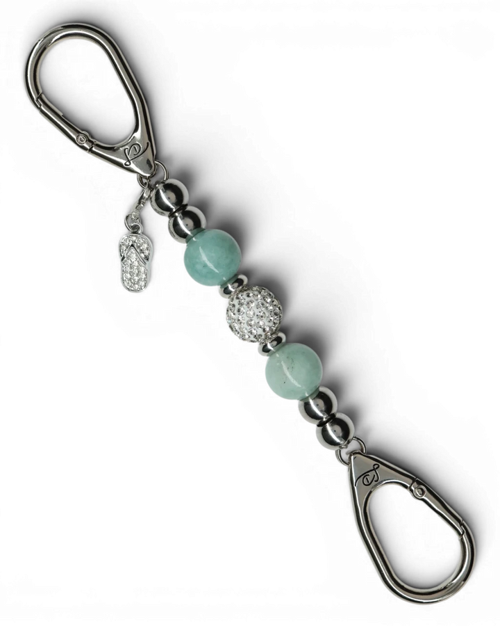 LD Keyfinder Beachside Bliss Mini featuring aqua Malaysian Jade beads, a crystal center bead, and flip flop charm.