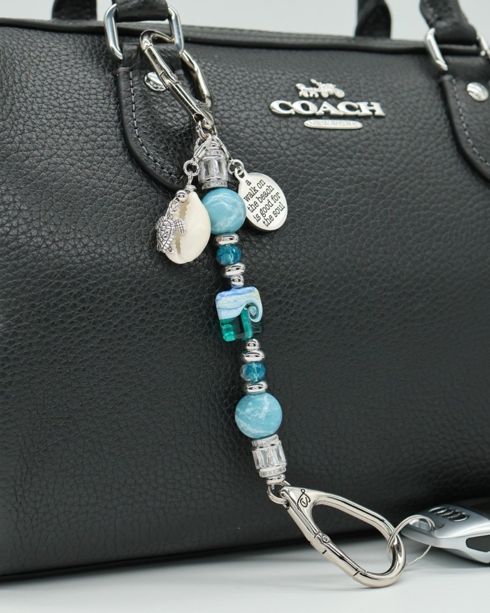 LD Keyfinder Petite Beachy Dreams keychain with blue & teal beads, turtle charm, and seashell charm.