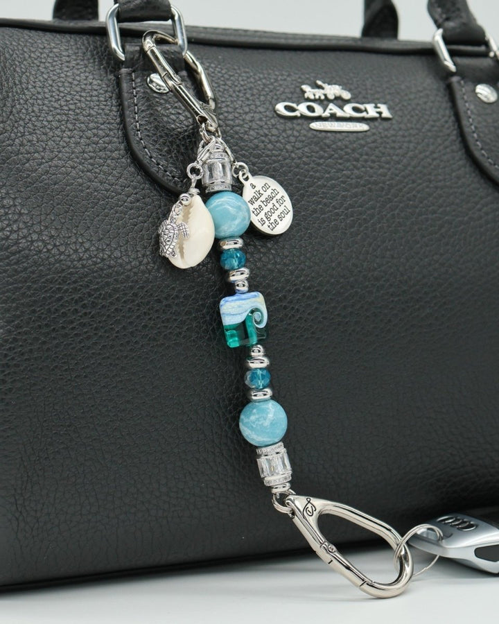 LD Keyfinder Petite Beachy Dreams keychain with blue & teal beads, turtle charm, and seashell charm.