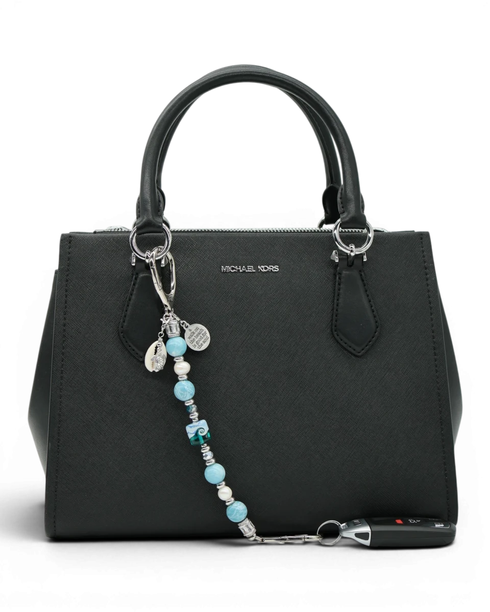 LD Keyfinder Beachy Dreams charm with teal, blue, and white beads, freshwater pearls, and a turtle charm.