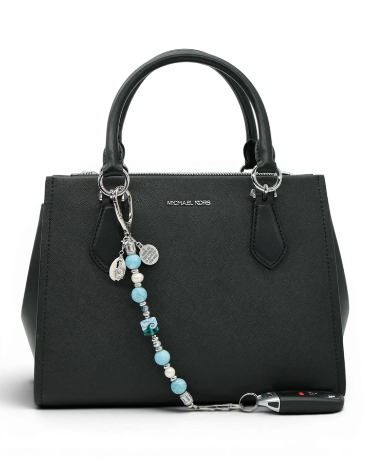 LD Keyfinder Beachy Dreams charm with teal, blue, and white beads, freshwater pearls, and a turtle charm.