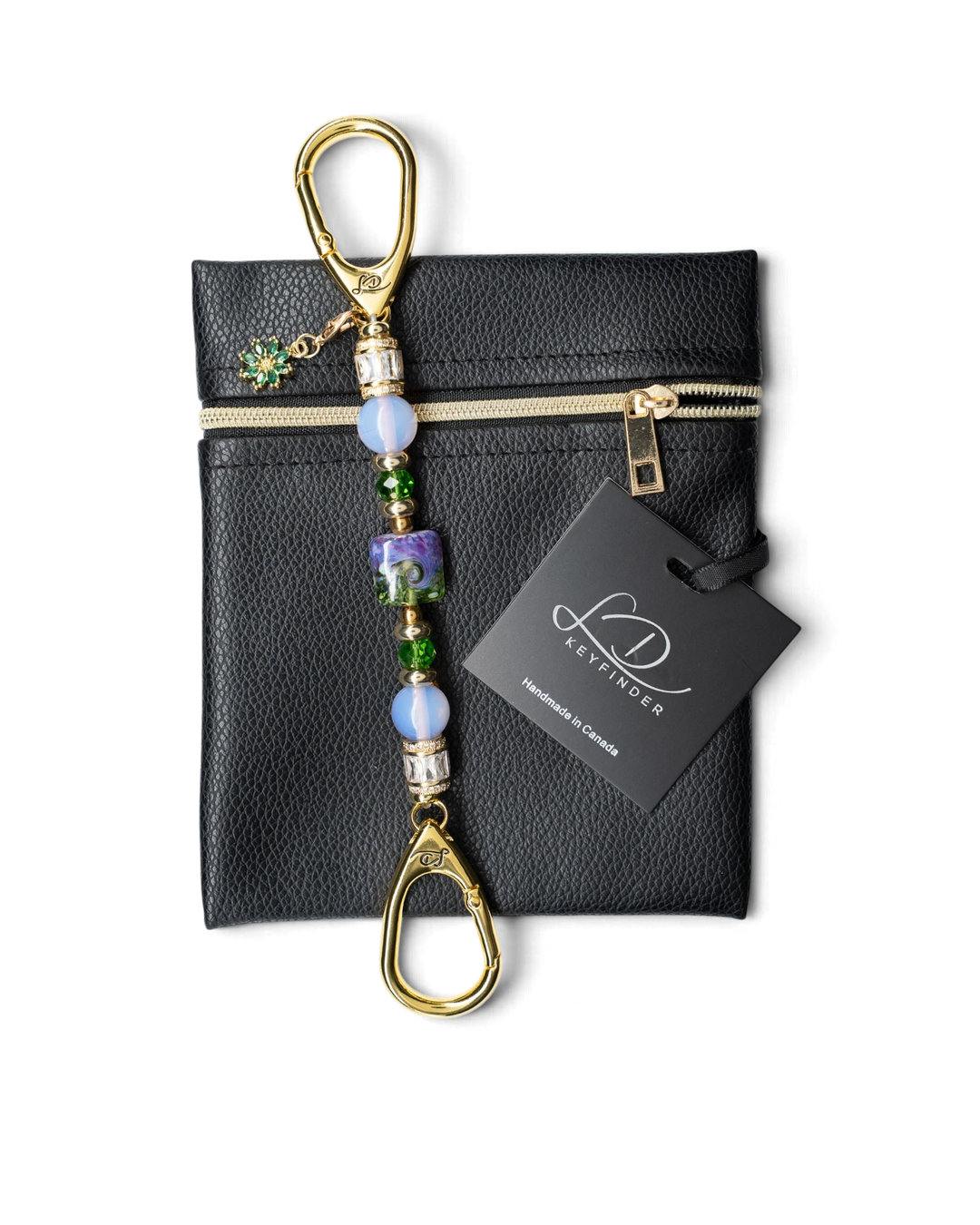 LD Keyfinder Petite Verdant Bloom beaded keychain with lampwork glass, pink opalite, and gold-plated flower charm.