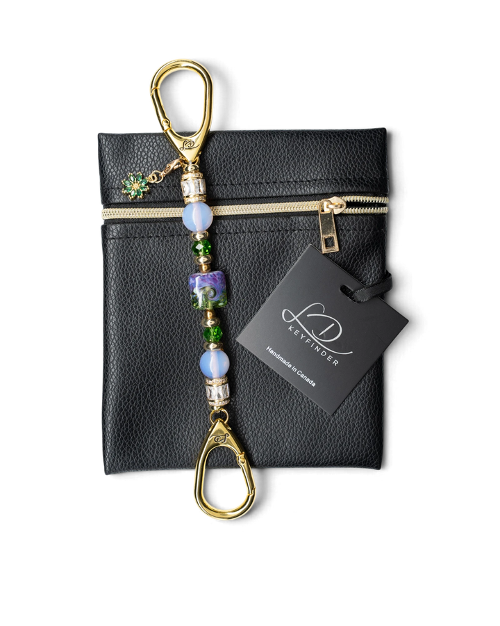 LD Keyfinder Petite Verdant Bloom beaded keychain with lampwork glass, pink opalite, and gold-plated flower charm.