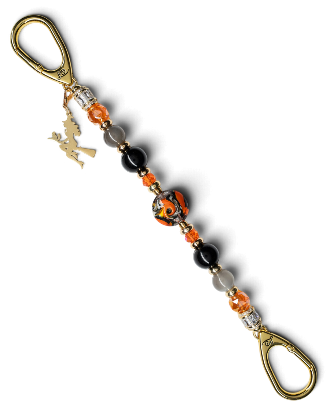 LD Keyfinder Bewitched Halloween accessory featuring black obsidian, moonstone, orange glass beads, and a gold witch charm.