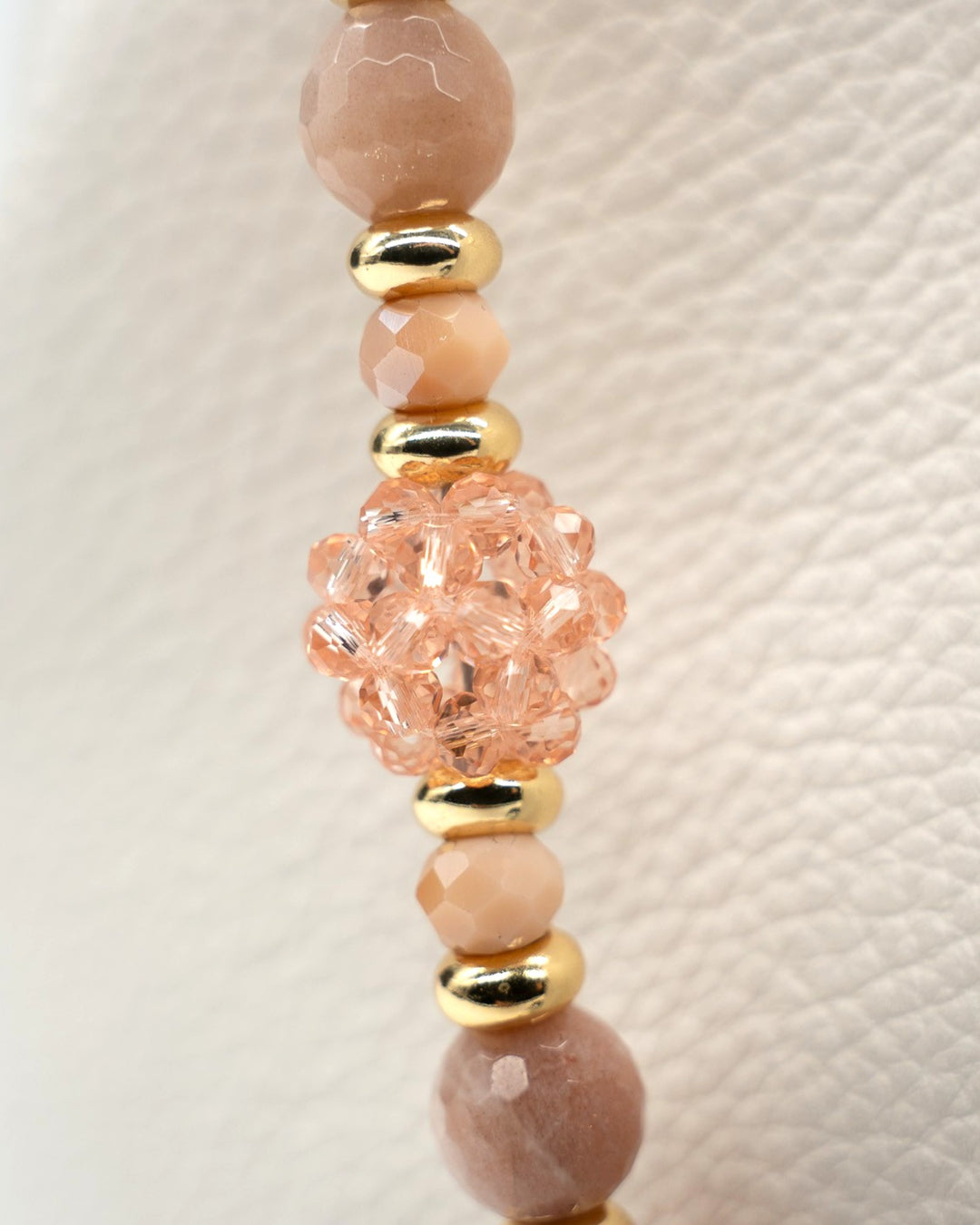 LD Keyfinder Birdsong Bliss beaded keychain with peach glass, sunstone, coral flower beads, and gold-plated bird charm.