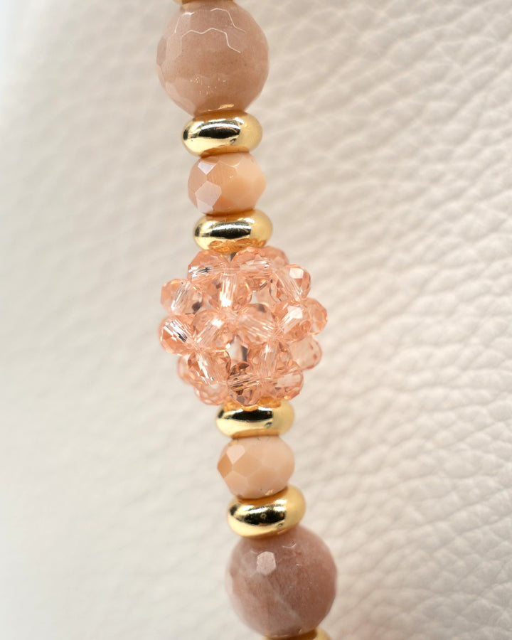 LD Keyfinder Birdsong Bliss beaded keychain with peach glass, sunstone, coral flower beads, and gold-plated bird charm.