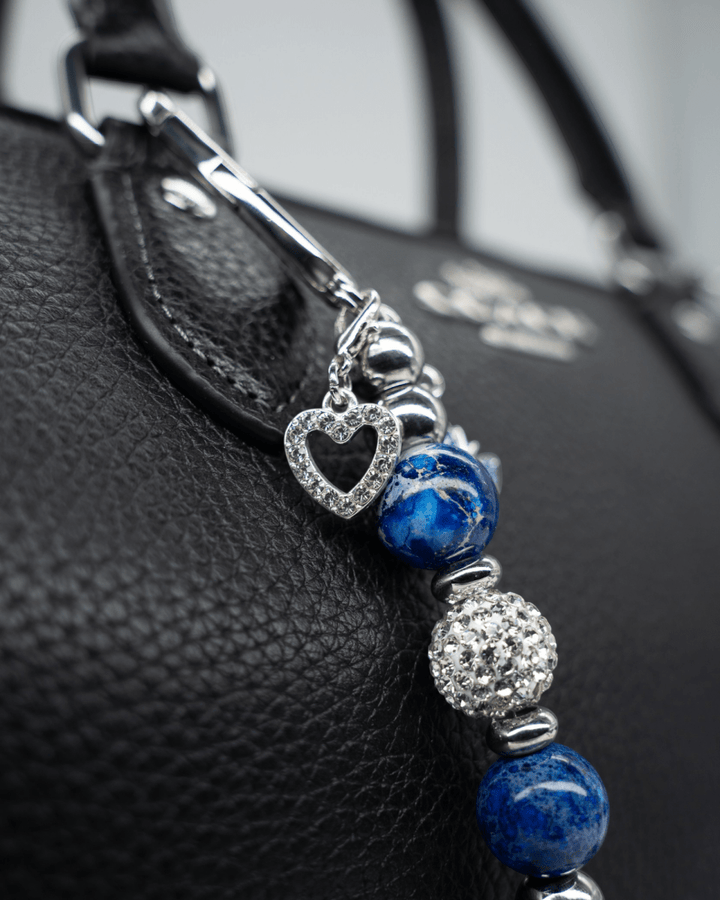 LD Keyfinder Blue Butterfly-Mini charm with cornflower blue beads, rhinestone spacers, and a silver heart charm.