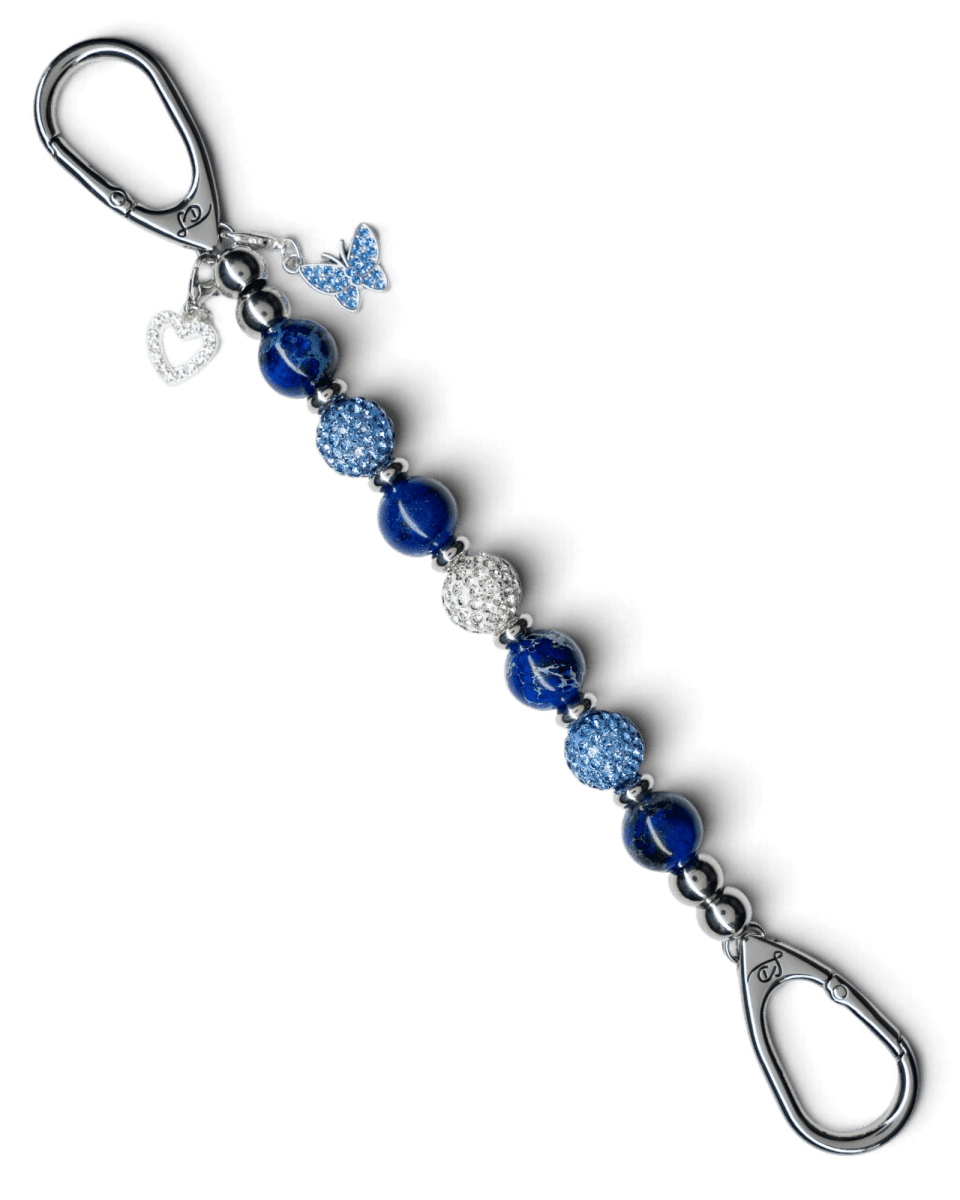 LD Keyfinder Blue Butterfly beaded keychain with cornflower blue pearlized glass, rhinestones, and butterfly charm.
