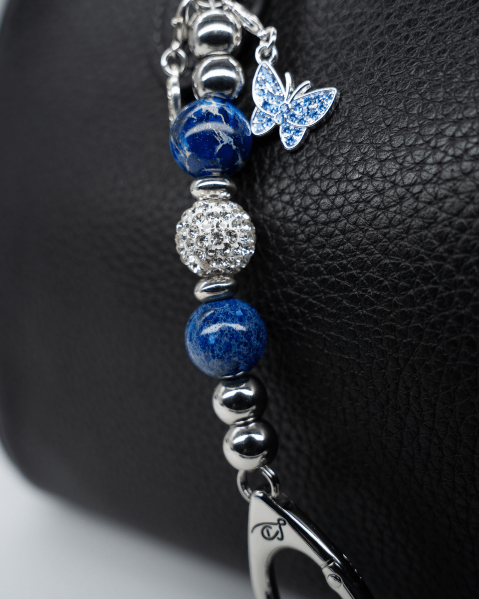 LD Keyfinder Blue Butterfly-Mini beaded keychain with cornflower blue glass beads, rhinestone spacers, and charms.
