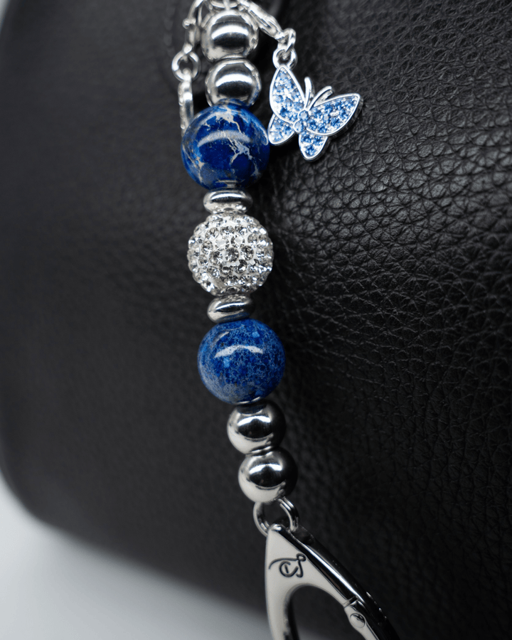 LD Keyfinder Blue Butterfly-Mini beaded keychain with cornflower blue glass beads, rhinestone spacers, and charms.