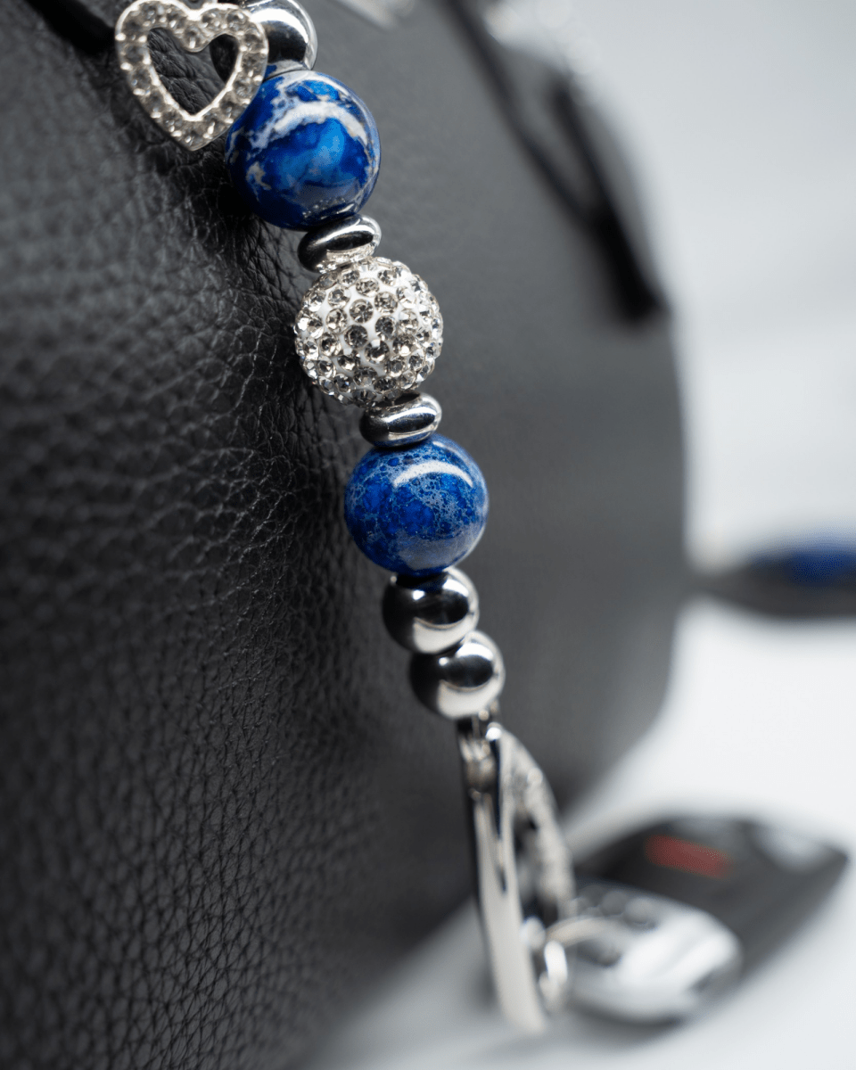 LD Keyfinder Blue Butterfly-Mini beaded keychain with cornflower blue glass beads, rhinestones, and silver charms.