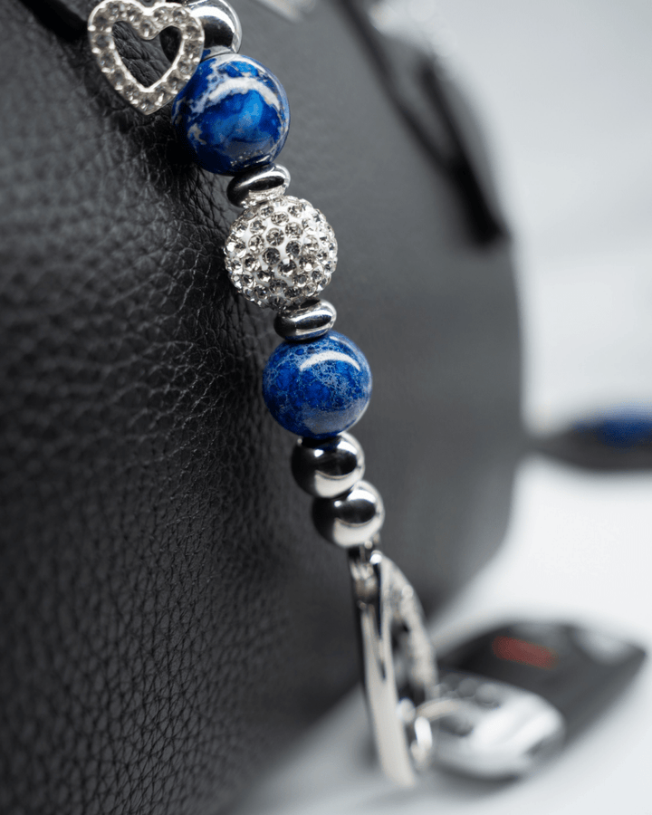 LD Keyfinder Blue Butterfly-Mini beaded keychain with cornflower blue glass beads, rhinestones, and silver charms.