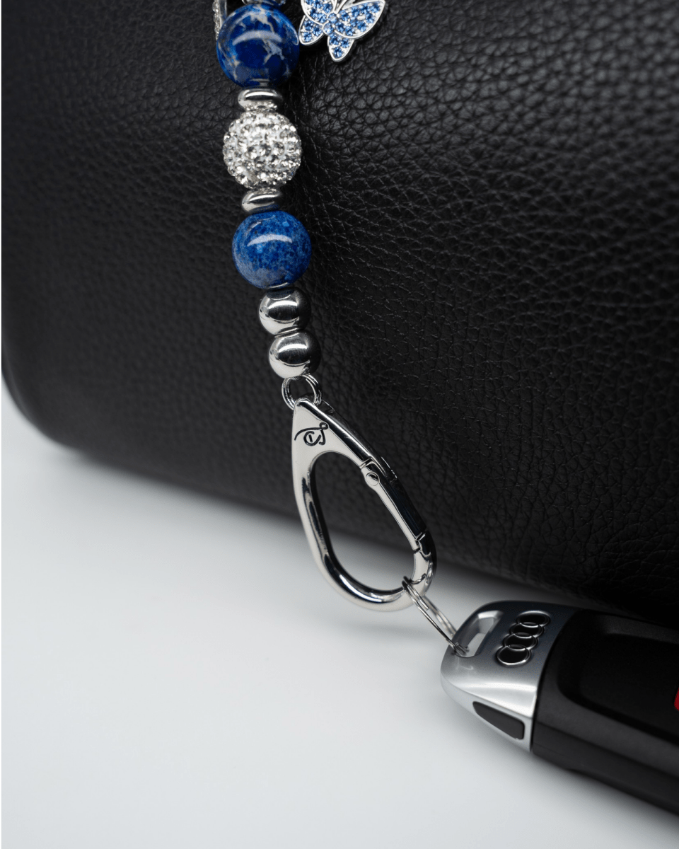 LD Keyfinder Blue Butterfly-Mini beaded keychain with blue glass beads, rhinestone spacers, and a butterfly charm.