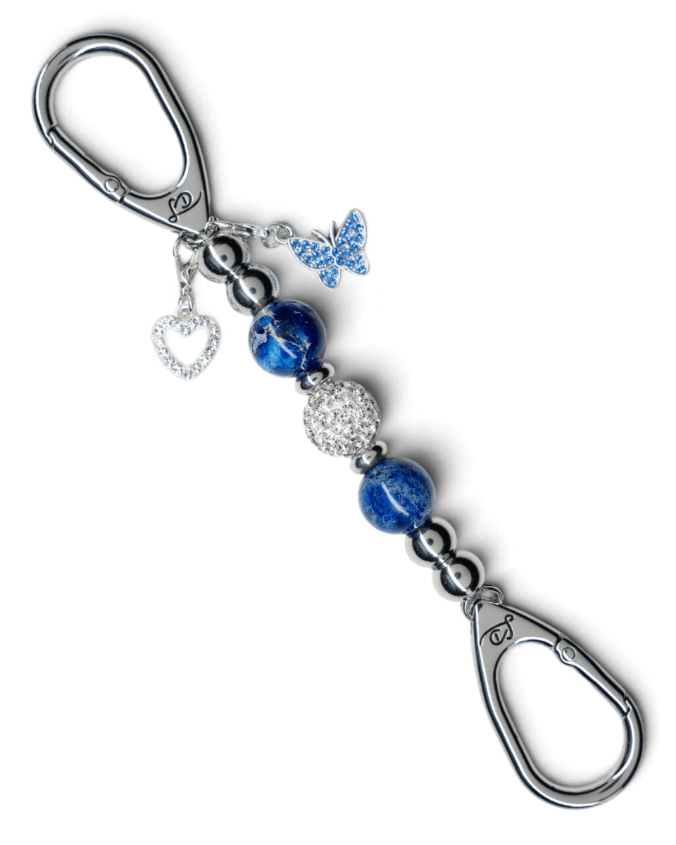 LD Keyfinder Blue Butterfly Mini keychain with cornflower blue pearlized beads, crystal center, and butterfly charm.