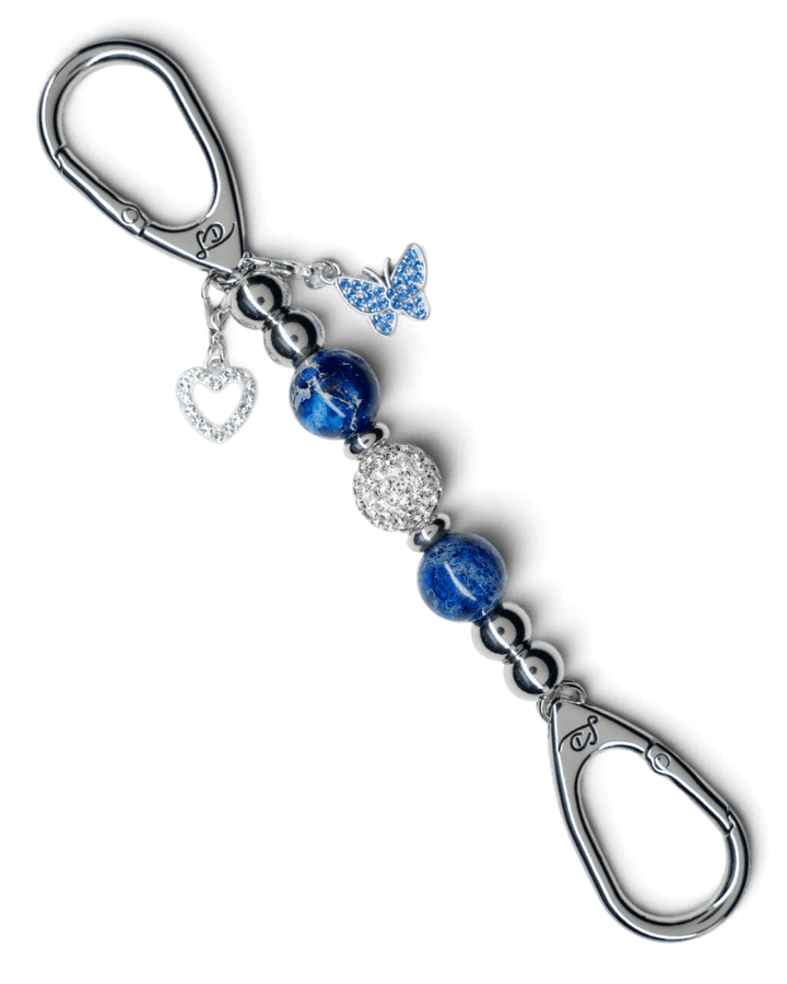 LD Keyfinder Blue Butterfly Mini keychain with cornflower blue pearlized beads, crystal center, and butterfly charm.