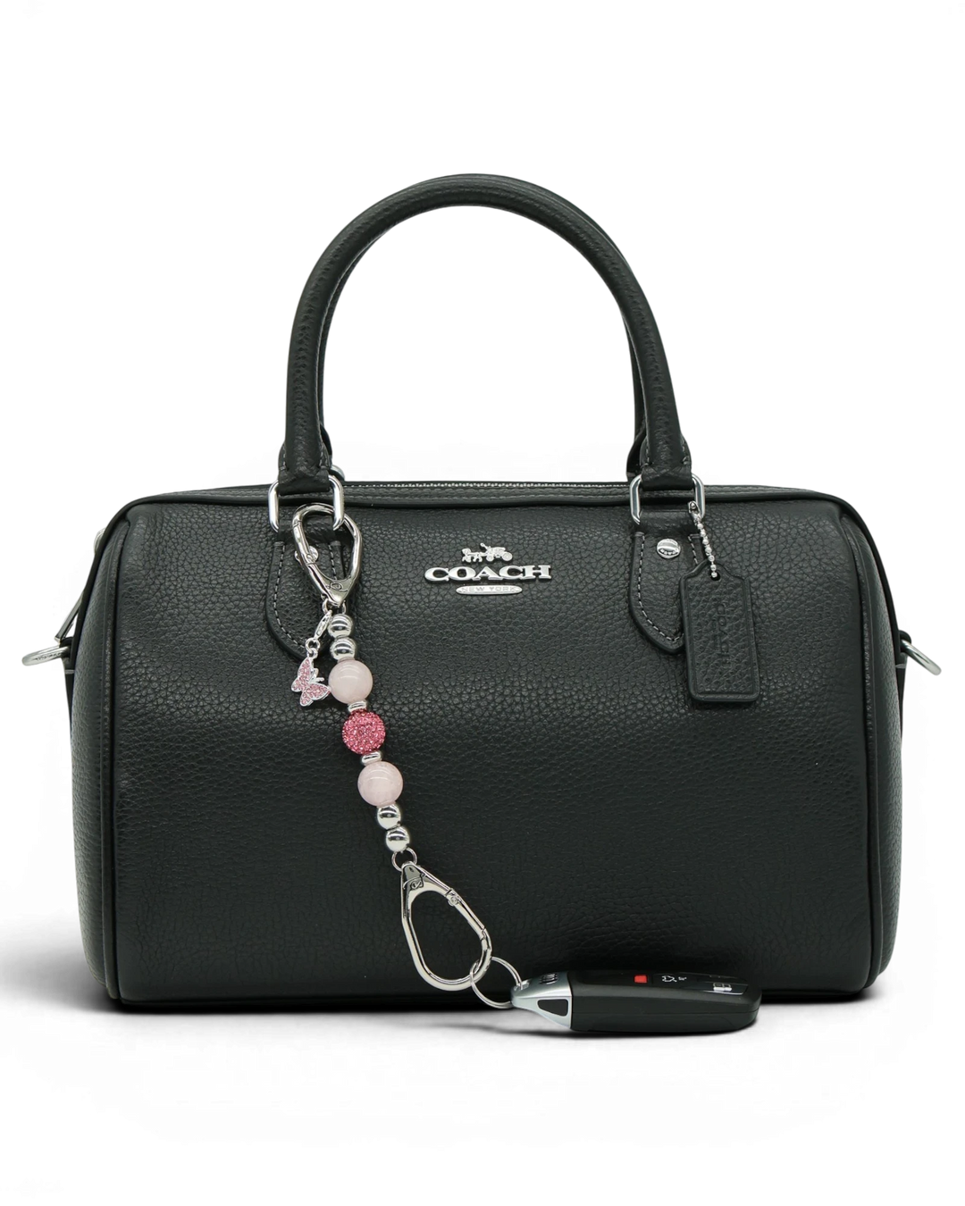 LD Keyfinder Blush Butterfly Mini charm with rose quartz beads and pink rhinestone butterfly.