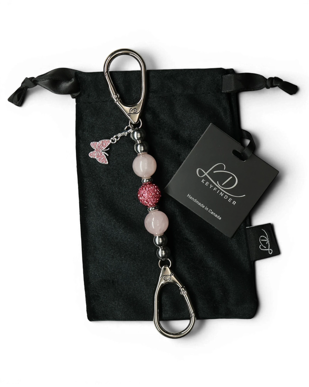 LD Keyfinder Blush Butterfly Mini keychain with rose quartz beads, Austrian crystals, and pink rhinestone butterfly charm.