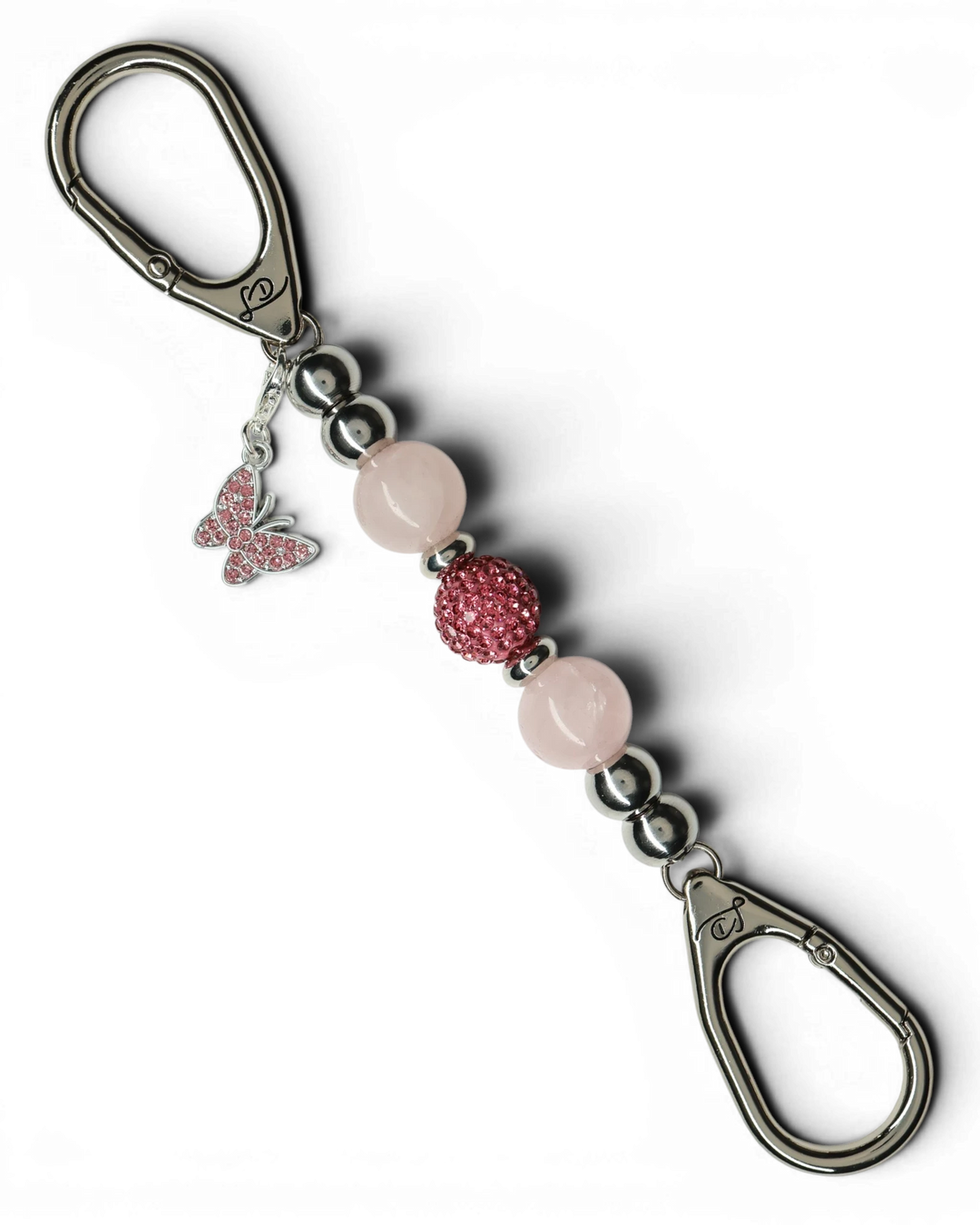 LD Keyfinder Blush Butterfly Mini keychain with rose quartz beads, pink crystal ball, and rhinestone butterfly charm.