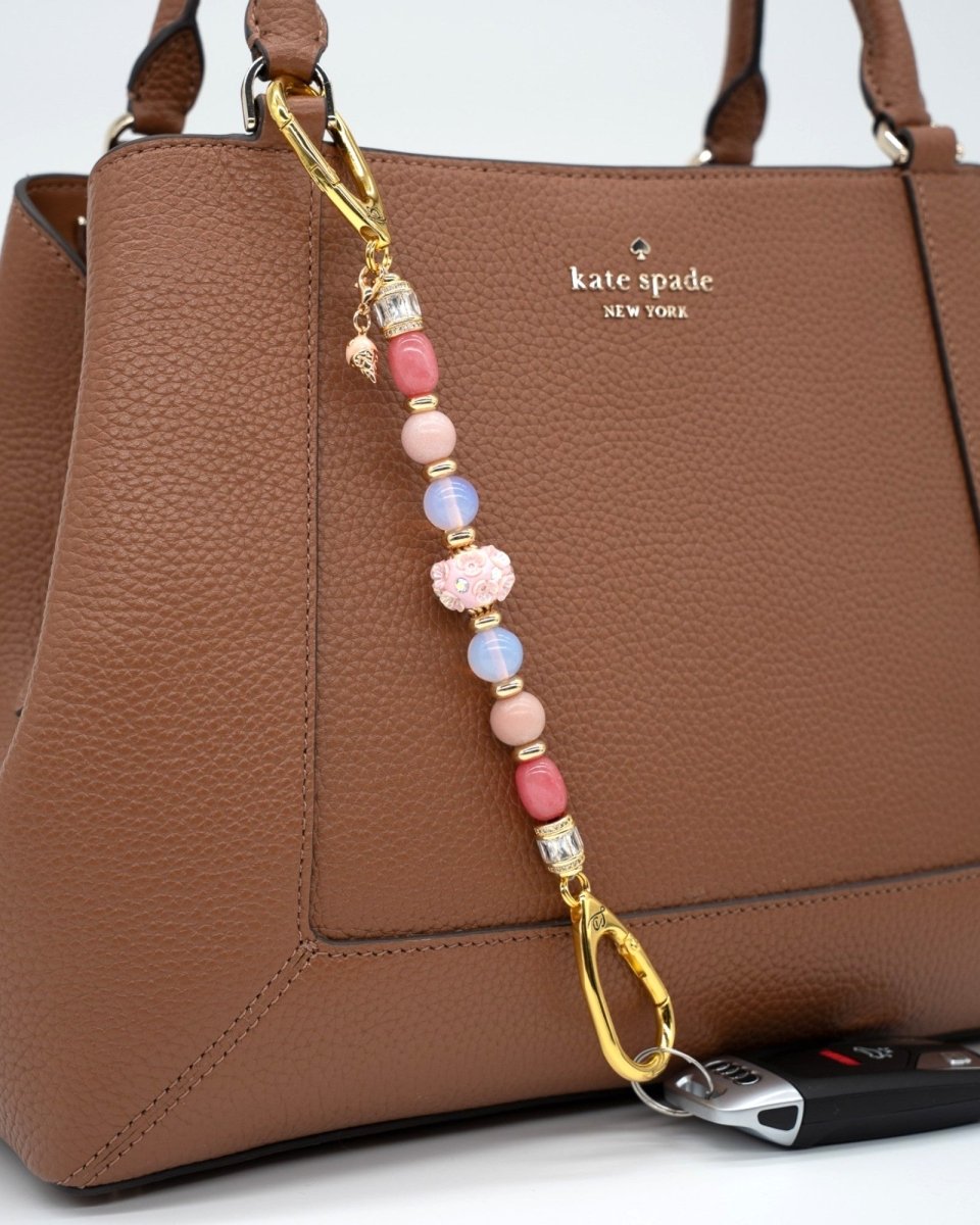 LD Keyfinder Blush Sorbetto beaded accessory with pink gemstones, artisan floral bead, and gold ice cream cone charm.