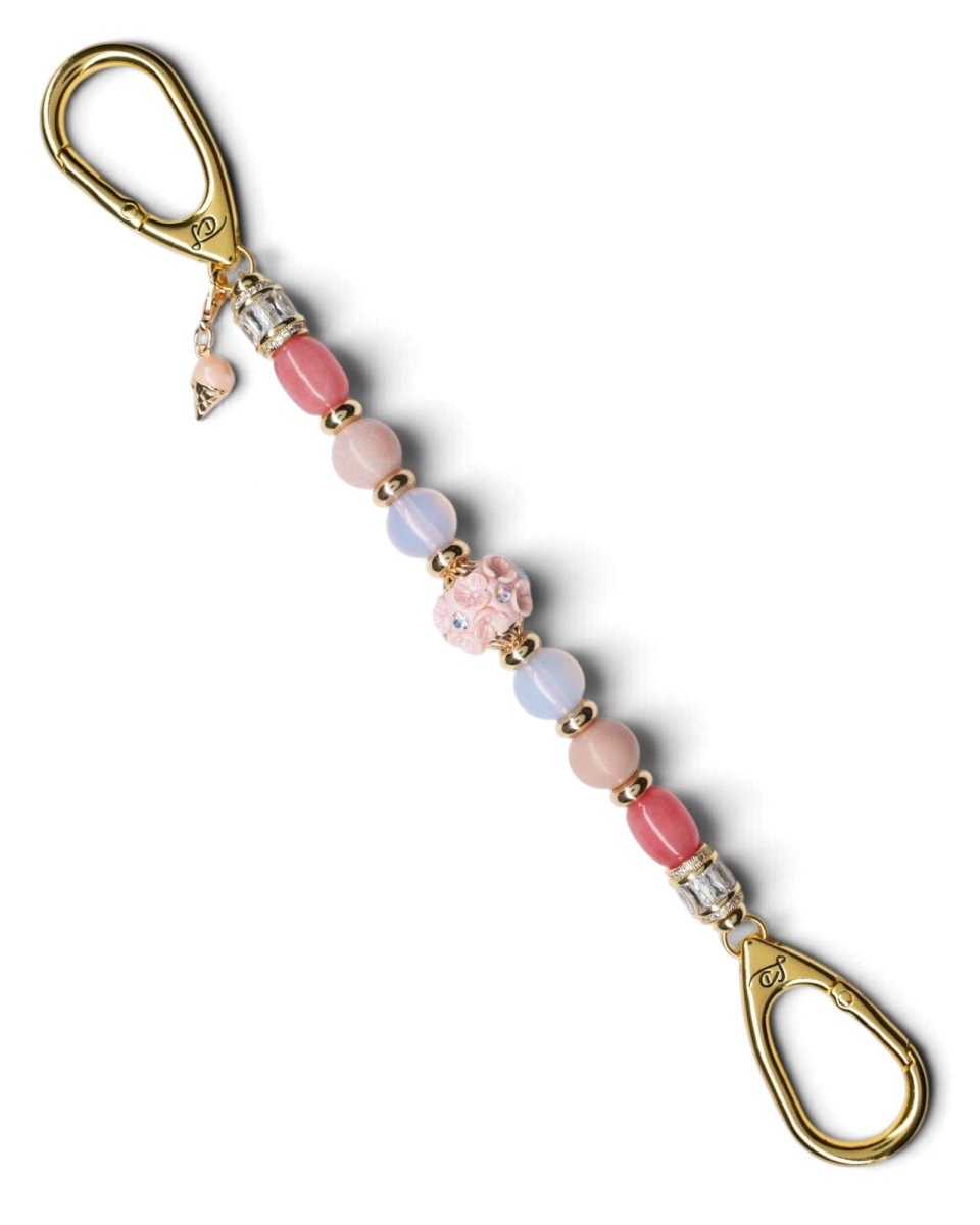 LD Keyfinder Blush Sorbetto beaded keychain with pink gemstones, artisan floral bead, and gold ice cream cone charm.