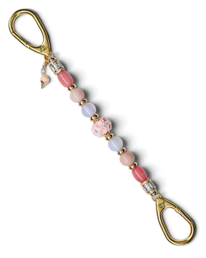 LD Keyfinder Blush Sorbetto beaded keychain with pink gemstones, artisan floral bead, and gold ice cream cone charm.