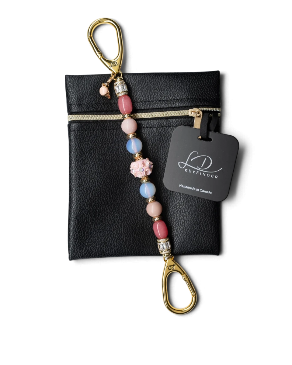 LD Keyfinder Blush Sorbetto beaded keychain with pink gemstones, artisan floral bead, and gold-plated ice cream charm.