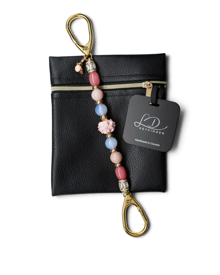 LD Keyfinder Blush Sorbetto beaded keychain with pink gemstones, artisan floral bead, and gold-plated ice cream charm.