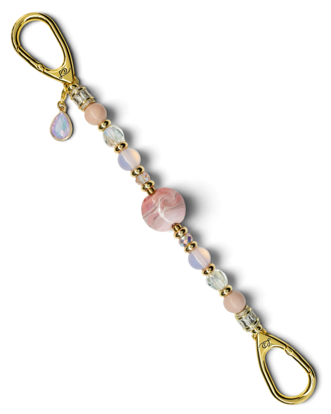 LD Keyfinder Blushing Opaline beaded accessory with pink opal, gold-plated accents, and artisan glass centerpiece.