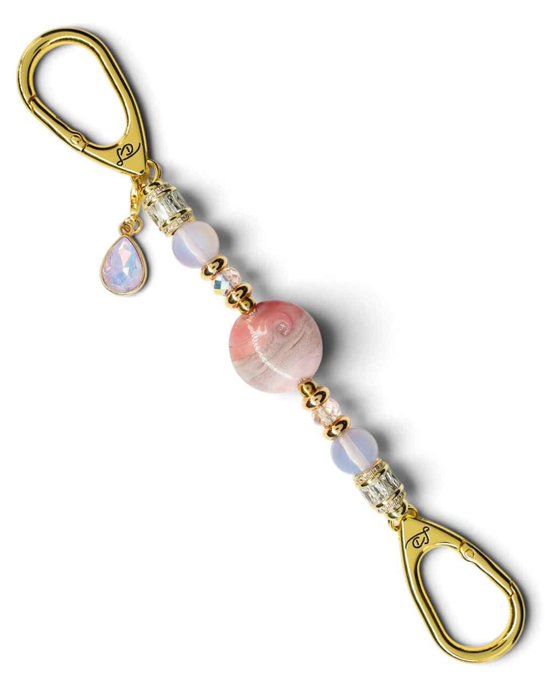 LD Keyfinder Blushing Opaline Petite featuring pink opalite beads, artisan glass centerpiece, and 18KT gold-plated clips