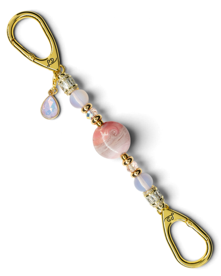 LD Keyfinder Blushing Opaline Petite featuring pink opalite beads, artisan glass centerpiece, and 18KT gold-plated clips